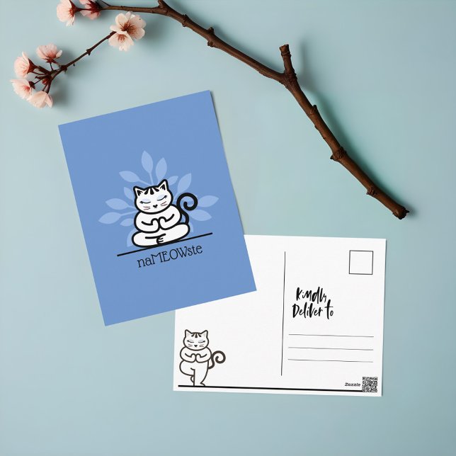 Carte Postale NaMEOWste Cute Chat dans un Yoga Méditant Pose Ble (NaMEOWste Cute Cat In a Yoga Meditating Pose Blue Postcard)