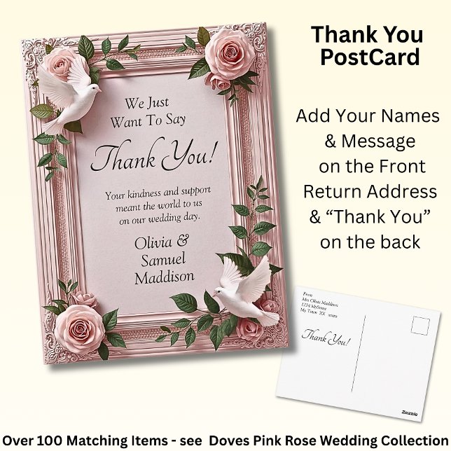 Carte Postale Names & Message on Pink Roses & Doves Wedding (Créateur téléchargé)