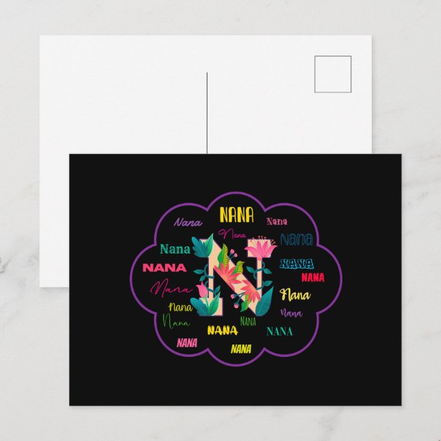 Carte Postale Nana Floral Fleur Nom Initial (Devant / Derrière)