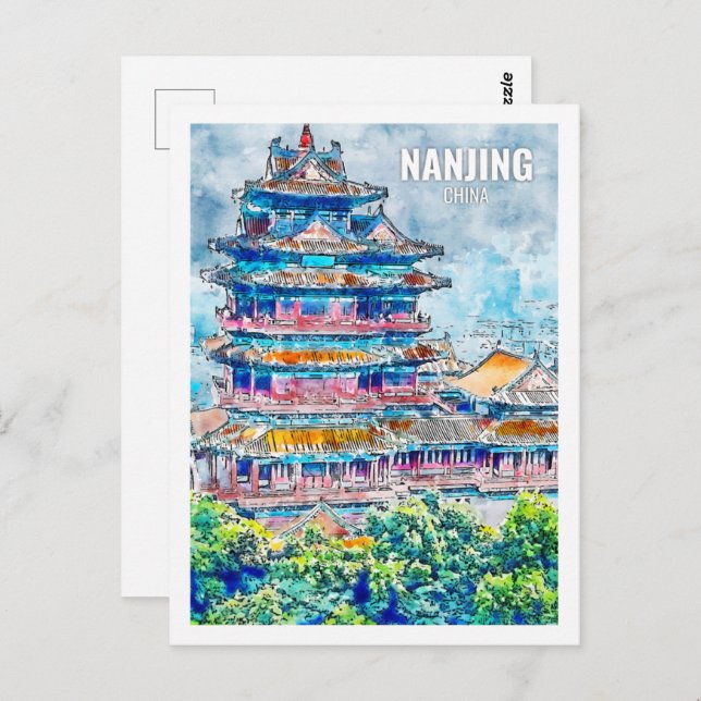 Carte Postale Nanjing Chine célèbre Travel Place aquarelle (Devant / Derrière)