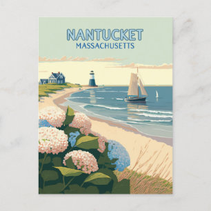 Carte Postale Nantucket Beach Hydrangeas Lighthouse Rétro