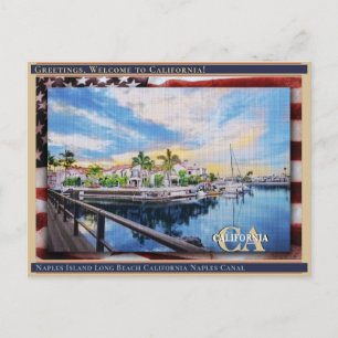 Carte Postale Naples Island Long Beach California Lin + Drapeau