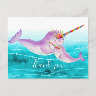 Carte Postale Narwhal accolé virtuel arc-en-ciel merci
