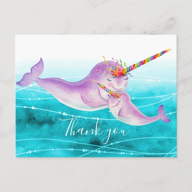 Carte Postale Narwhal accolé virtuel arc-en-ciel merci (Devant)