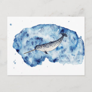 Carte Postale Narwhal in  a splash of watercolour