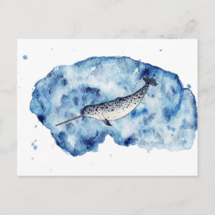 Carte Postale Narwhal in  a splash of watercolour