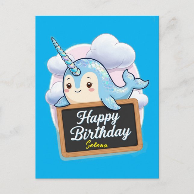 Carte Postale Narwhal tenant joyeux tableau de bord d'anniversai (Devant)