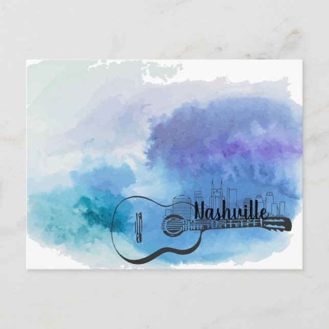 Carte Postale Nashville Skyline Guitare Aquarelle Design (Devant)
