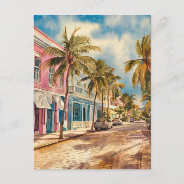 Carte Postale Nassau Bahamas Bahamas Street Travel Art Watercolo (Devant)