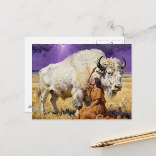 Carte Postale Native American Woman and a Sacred White Bison (Devant/Arrière en situation)