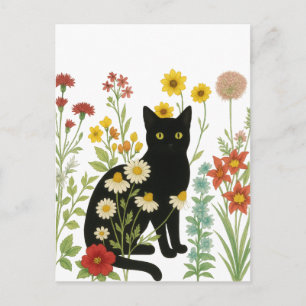 Carte Postale Nature botanique – Chat noir dans un jardin de fle