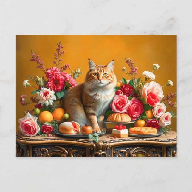 Carte Postale Nature morte classique avec chat et abondance de l (Devant)