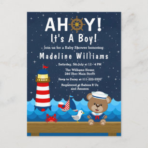 Carte Postale Nautical Boy Bear Baby shower rouge et marine