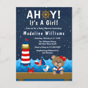 Carte Postale Nautical Girl Bear Baby shower rouge et marine