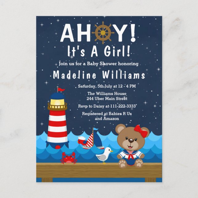 Carte Postale Nautical Girl Bear Baby shower rouge et marine (Devant)