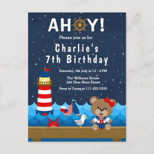 Carte Postale Nautical Girl Bear Rouge et la Marine fête d'anniv