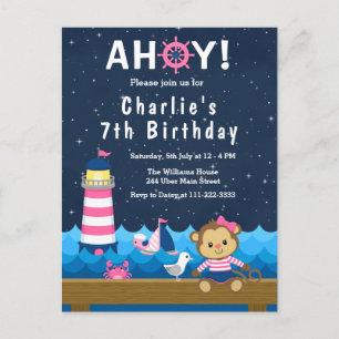 Carte Postale Nautical Girl Monkey rose et la marine fête d'anni