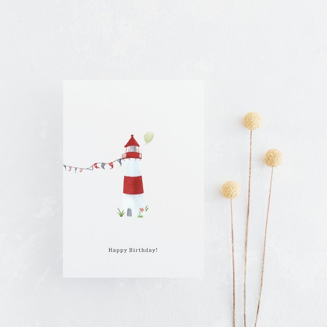 Carte Postale Nautical Lighthouse Beach Happy Birthday Balloon (Créateur téléchargé)