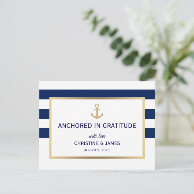 Carte Postale Nautical Navy Bleu Blanc Rayures Merci Mariage (Debout devant)