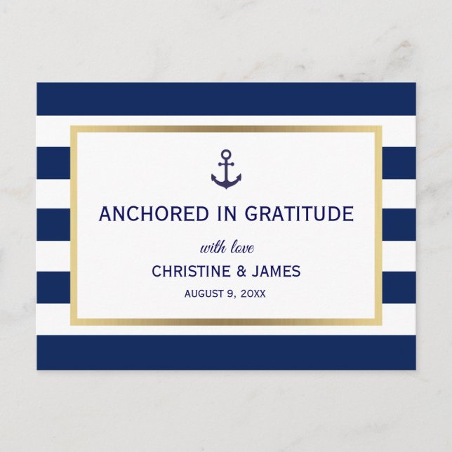 Carte Postale Nautical Navy Bleu Blanc Rayures Merci Mariage (Devant)