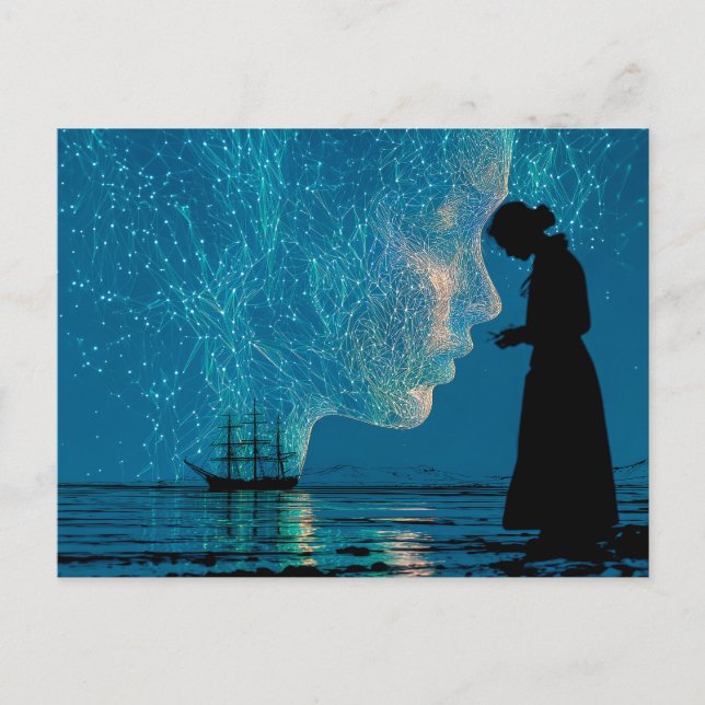 Carte Postale Navire et constellations, femme debout à terre (Devant)