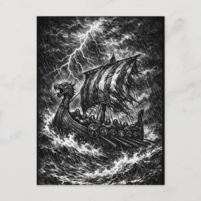 Carte Postale Navire long Viking dans la tempête — Ink Saga Art (Devant)