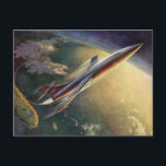 Carte Postale Navire spatial de science-fiction vintage Avion Te<br><div class="desc">Illustration vintage futuriste science fiction voyage et image de transport. Un vaisseau spatial qui ressemble à un avion moderne (semblable à la navette spatiale) décollant de Floride au-dessus de l'océan Atlantique et de la planète Terre. Voler dans le ciel et l'atmosphère supérieure. Un classique les années 50 rétro bande dessinée...</div>