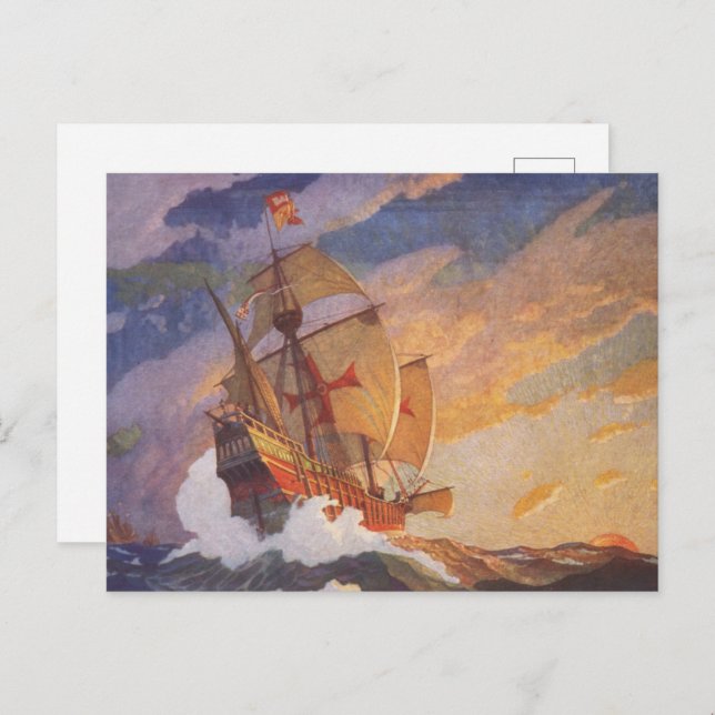 Carte Postale Navires de Christophe Colomb en mer par N.C. Wyeth (Devant / Derrière)