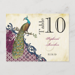 Carte Postale Navy & Berry Berry Élégant Damassé Paon Mariage