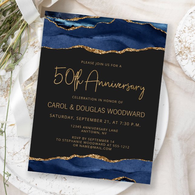 Carte Postale Navy Blue Agate Or Doré Foncé 50e Anniversaire (Créateur téléchargé)