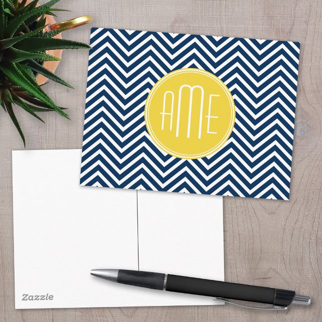 Carte Postale Navy Blue Chevrons with Custom Yellow Monogram (Créateur téléchargé)