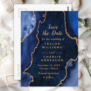 Carte Postale Navy Blue et Agate Marbre Save The Date