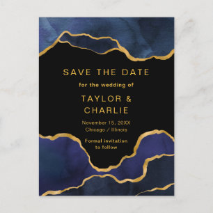 Carte Postale Navy Blue et Or Peint Agate Enregistrer la Date Po