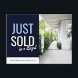 Carte Postale Navy blue Juste vendu annonce immobilière modèle<br><div class="desc">La palette de couleurs bleues peut être totalement changée en couleur de votre maison. Magnifique tout simplement beau bleu marine Juste vendu immobilier et vente de maison agent annonce facile à personnaliser modèle. Tout le texte peut être modifié et modifié selon vos besoins. Les cartes postales immobilières sont le meilleur...</div>