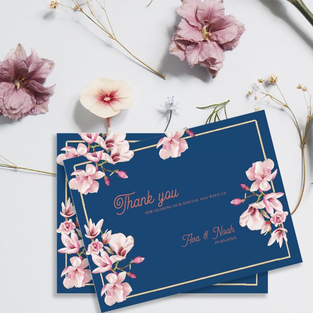 Carte Postale Navy Blue Magnolia Floral Wedding Thank You (Navy Blue Magnolia Floral Wedding Thank You Postcard)