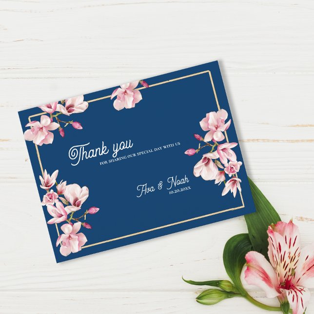 Carte Postale Navy Blue Magnolia Floral Wedding Thank You (Navy Blue Magnolia Floral Wedding Thank You Postcard)