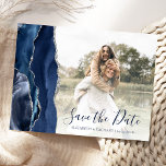 Carte Postale Navy Blue Silver Agate Custom Photo Save the Date<br><div class="desc">This elegant horizontal save the date postcard features a navy blue watercolor agate border trimmed with faux silver glitter. Easily replace the sample image with your own photo of the future bride and groom. The customizable text combines dark navy blue handwriting script and copperplate font; a white gradient filter helps...</div>