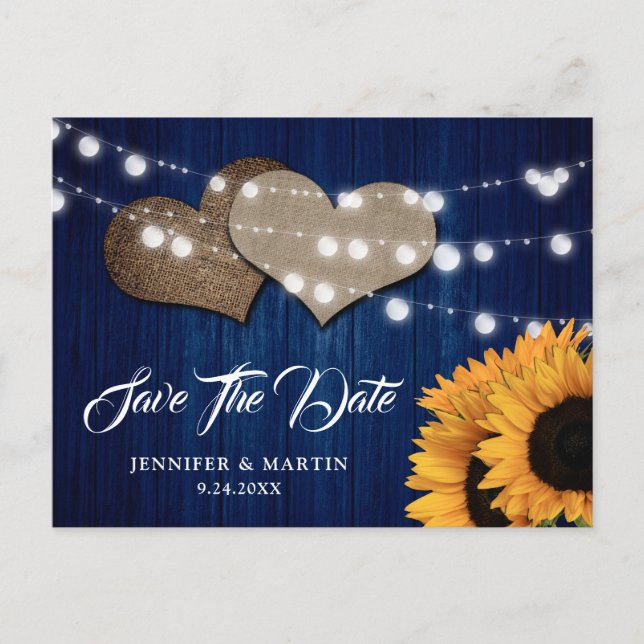 Carte Postale Navy Blue Sunflower Wood String Lights Wedding (Devant)