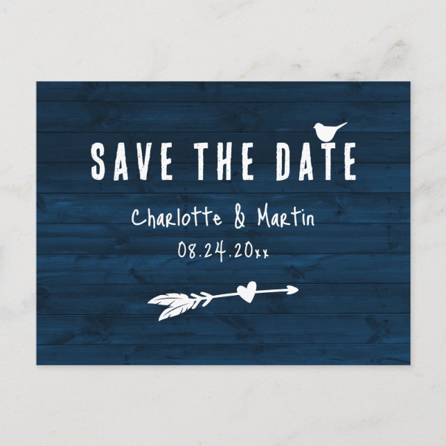 Carte Postale Navy Blue Wood Arrow Boho Mariage Save The Date (Devant)