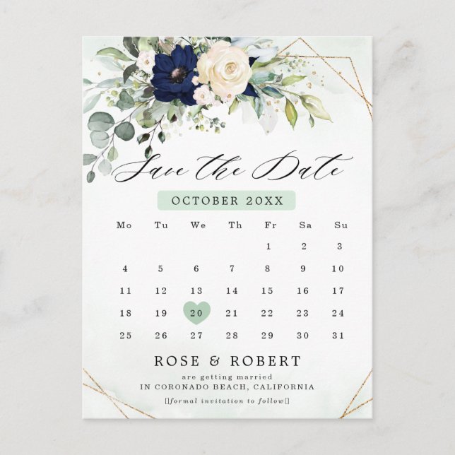 Carte Postale Navy Blush Floral Green Calendrier Enregistrer la  (Devant)