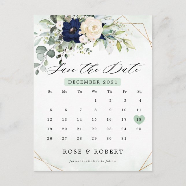 Carte Postale Navy Blush Floral Green Calendrier Enregistrer la  (Devant)