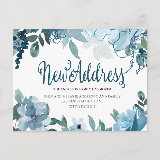 Carte Postale Navy Dusty Blue Flowers mignonne Changer d'adresse (Devant)