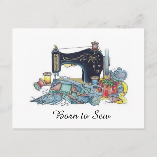 Carte Postale Né à Sew. Machine à coudre. (Devant)