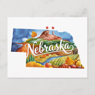 Carte Postale Nebraska États-Unis État Forme Aquarelle Vintage