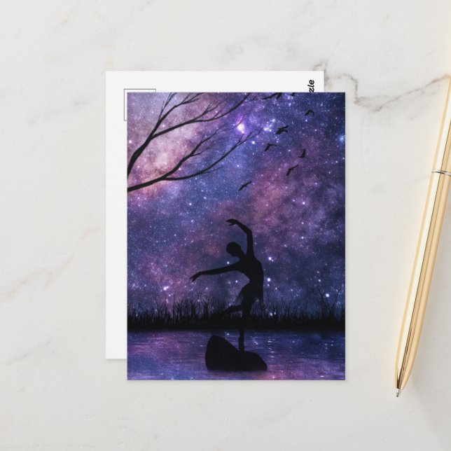 Carte Postale Nebula Sky Dancer Silhouette - violet et rose (Devant/Arrière en situation)