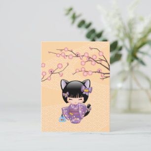 Carte Postale Neko Kokeshi Poupée - Cat Ears Geisha Girl