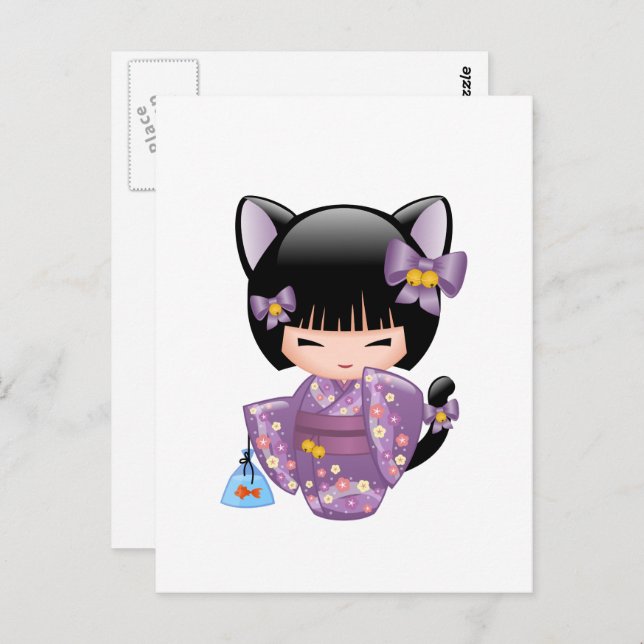 Carte Postale Neko Kokeshi Poupée - Cat Ears Geisha Girl (Devant / Derrière)
