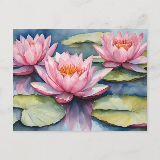 Carte Postale Nénuphars roses aquarelle dans l'étang  (Devant)