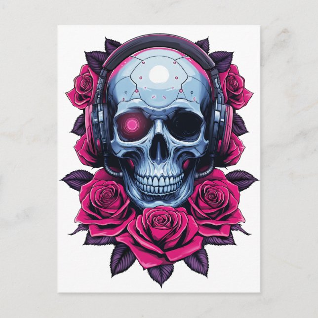Carte Postale Neon Cyber-mort crâne et Rose blanc (Devant)