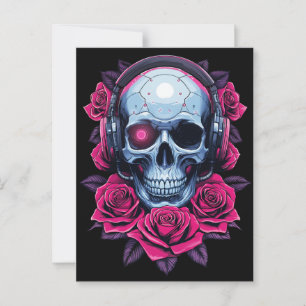 Carte Postale Neon Cyber Mort Crâne et Rose Noir